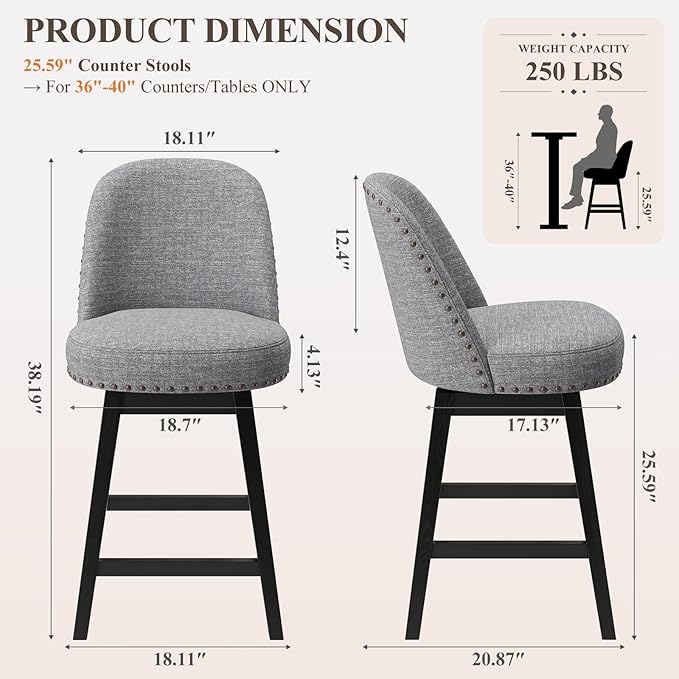 MALOL Swivel Bar Stools Set of 2, Upholstered Fabric Mid Century Mondern Barstools, 26 inch Counter Height Bar Chairs with Solid Back and Wood Legs, for Kitchen Island，Dark Grey