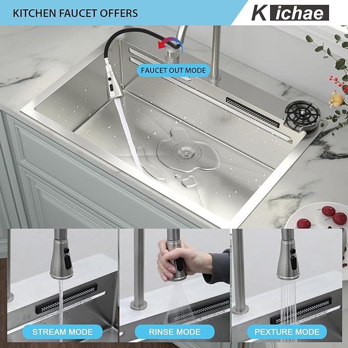 Kichae 33" x 22" Waterfall Sink Drop In - 33x22 Drop In Waterfall Kitchen Sink 304 Stainless Steel 16G Handmade Single Bowl Workstation Sinks with Faucet Combo & Glass Rinser