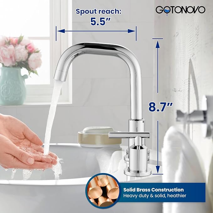 gotonovo 8 Inch Widespread Bathroom Sink Faucet 3 Hole 2 Handles Lavatory Basin with Pop Up Drain with Hot and Cold Mixer Valves Vintage Polished Chrome