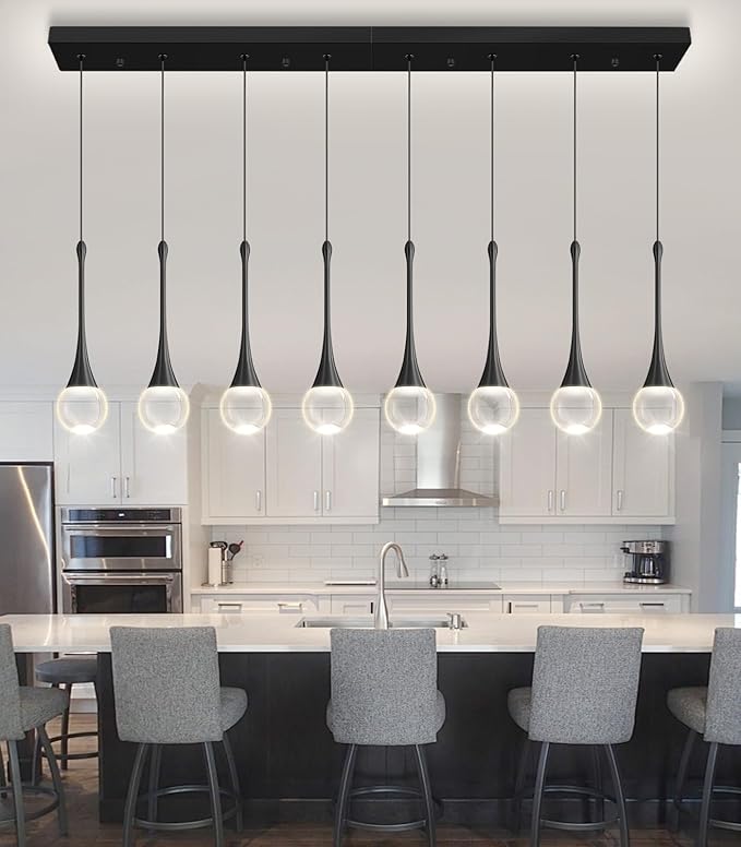 Rectangular Crystal Pendant Lights for Kitchen Island 8 Light Dimmable Crystal Chandelier Lighting Fixtures with Remote for Dining Room Living Room Black