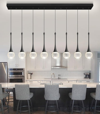 Rectangular Crystal Pendant Lights for Kitchen Island 8 Light Dimmable Crystal Chandelier Lighting Fixtures with Remote for Dining Room Living Room Black