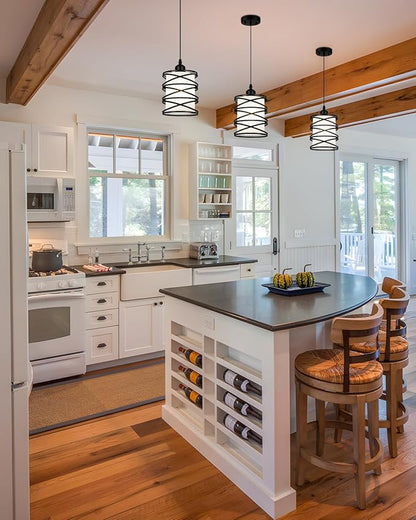 Black Pendant Lights for Kitchen Island, Industrial Pendant Light Fixture with Frosted Glass Shade, Farmhouse Adjustable Spiral Iron Pendant Lighting for Dining Room Foyer Hallway Kitchen