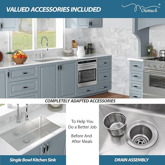 Undermount Kitchen Sink - 33 inch Undermount Kitchen Sink 16 Gauge Stainless Steel Sinks with Round Corner Handmade Single Bowl Under Counter Basin for Kitchens, 33"x19"x9"