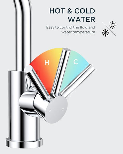 FORIOUS Single Hole Bathroom Faucets 3 Hole One Handle 360° Swivel Gooseneck Spout, Lead-Free, Suitable for Wet Bar Kitchen RV Vanity Restroom,with Pop Up Drain and Supply Line