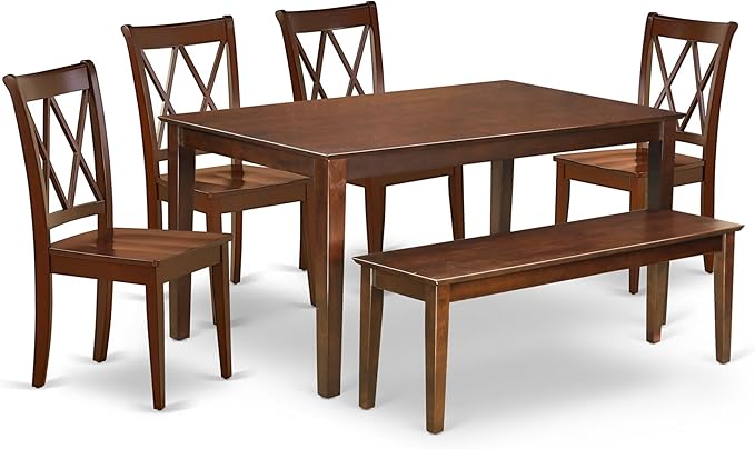 East West Furniture CACL6-MAH-W 6 Piece Dining Set Contains a Rectangle Solid Wood Table and 4 Kitchen Chairs with a Bench, 36x60 Inch, Mahogany