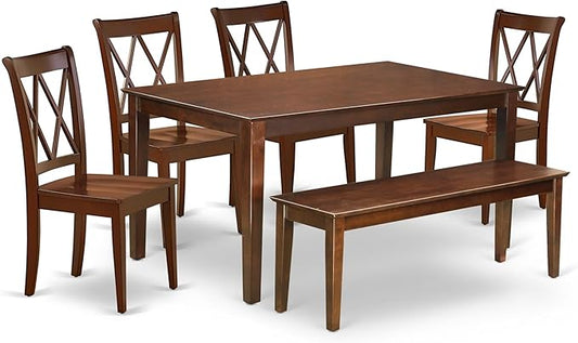 East West Furniture CACL6-MAH-W 6 Piece Dining Set Contains a Rectangle Solid Wood Table and 4 Kitchen Chairs with a Bench, 36x60 Inch, Mahogany