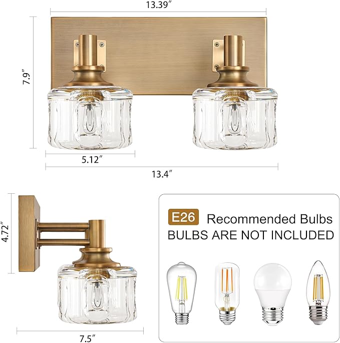 Bathroom Vanity Lights 13.4" Vintage Crystal Glass Vanity Light 2 Lights Brass Antique Bathroom Light Fixtures(7.7pounds)