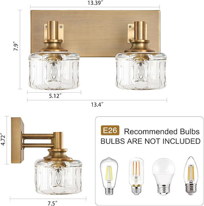 Bathroom Vanity Lights 13.4" Vintage Crystal Glass Vanity Light 2 Lights Brass Antique Bathroom Light Fixtures(7.7pounds)