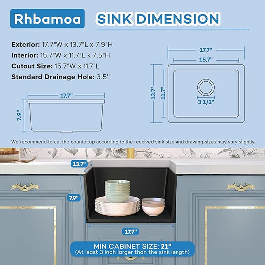 Rhbamoa Black Bar Sink 18 Inch,Undermount Matte Black Granite Composite Sink,Small Wet Bar Sinks 18''x14'',Small Single Bowl Quartz Kitchen Sinks with Accessories