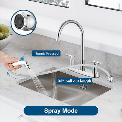 Kitchen Faucets, High Arc 360°Rotating Spout Kitchen Sink Faucet, 2 Handle 8 Inch Centerset RV Kitchen Faucet with Supply Lines, 3 or 4 Hole Kitchen Faucet with Side Sprayer, Polish Chrome