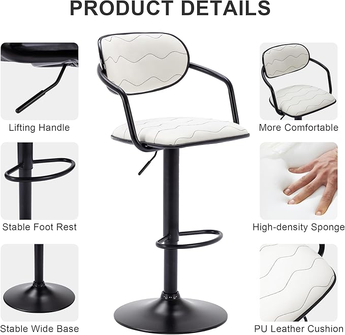 VECELO Bar Stools Set of 2, Adjustable Counter Height Barstools with Back and Arm, Swivel Bar Chairs/PU Leather Kitchen Island Stools for Pub/Dining Room/Living Room, White