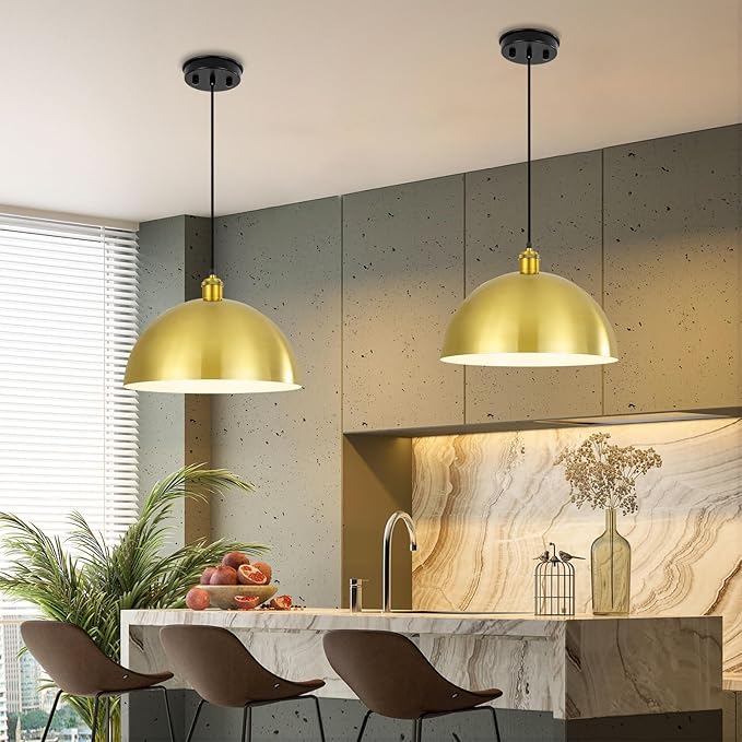 Gold Pendant Light, 12" Farmhouse Ceiling Light with Gold and White, Elegant Semi-Circular Shade Design, Adjustable Height Industrial Dome Pendant Lights for Kitchen Island, Dining Room