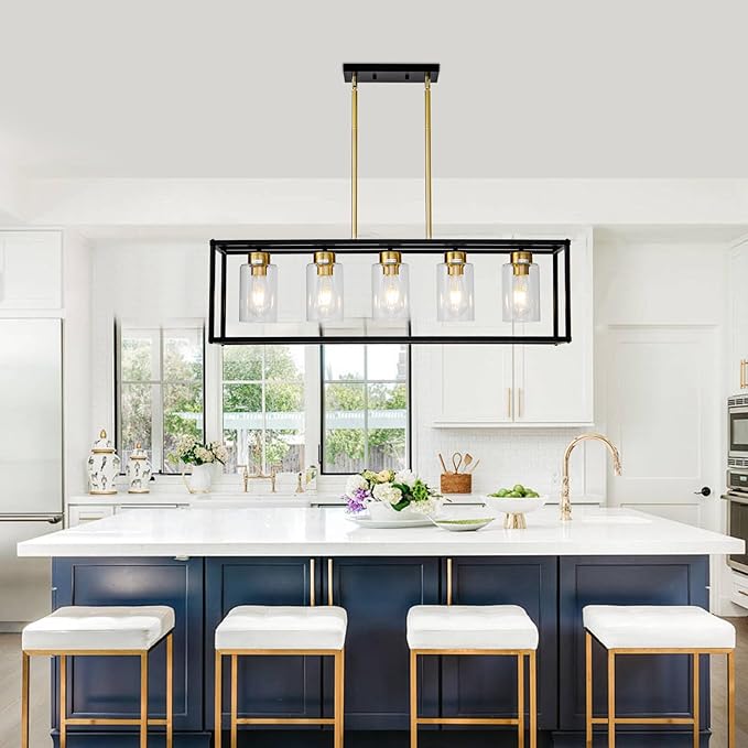 5 Light Dining Room Light Fixture Modern Farmhouse Chandeliers Over Table Black & Brushed Brass Gold Rectangular Pendent Lighting for Kitchen with Glass Shade Hanging Industrial Ceiling Light
