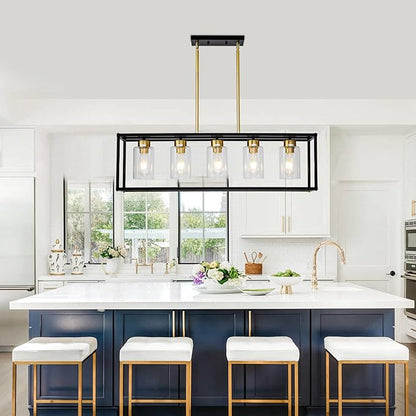 5 Light Dining Room Light Fixture Modern Farmhouse Chandeliers Over Table Black & Brushed Brass Gold Rectangular Pendent Lighting for Kitchen with Glass Shade Hanging Industrial Ceiling Light
