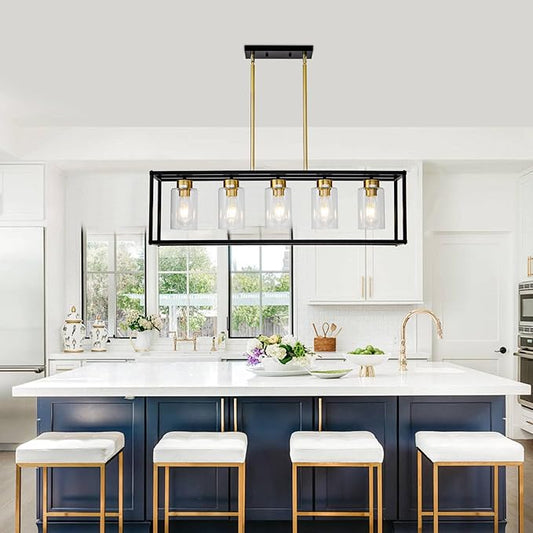 5 Light Dining Room Light Fixture Modern Farmhouse Chandeliers Over Table Black & Brushed Brass Gold Rectangular Pendent Lighting for Kitchen with Glass Shade Hanging Industrial Ceiling Light