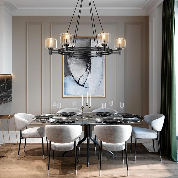 Black Round Crystal Chandelier, 36" K9 Crystal Chandeliers for Dining Room Over Table, Wagon Wheel Chandeliers for Dining Room,Living Room,Foyer,Includes 6XE12 Bulbs