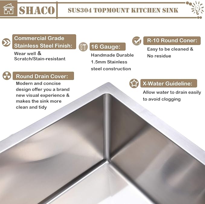 SHACO Kitchen Sink, 33x22 Inch Drop In Kitchen Sink, SUS304 Stainless Steel 33 Inch Single Bowl Top Mount Overmount Sink with Strainer Drain