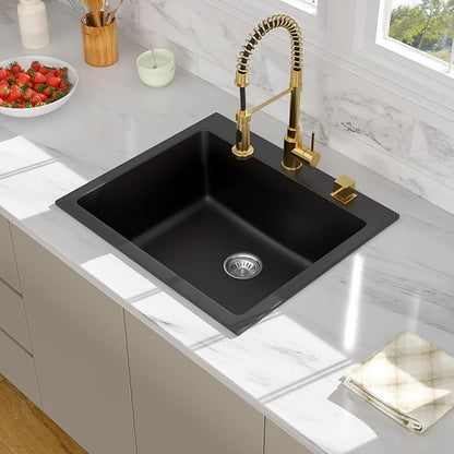 25 Granite Composite Kitchen Sink - Beslend 25x22 Inch Drop In Granite Kitchen Sink Topmount Black Quartz Sinks Classic Above Counter Single Bowl Basin