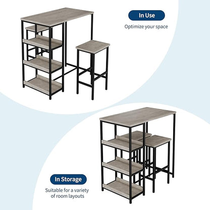 GarveeHome 3-Piece Kitchen Table Set with Storage Shelves & 2 Bar Stools - Iron and Wood Dining Table for Small Spaces, Apartments, Condos, Grey