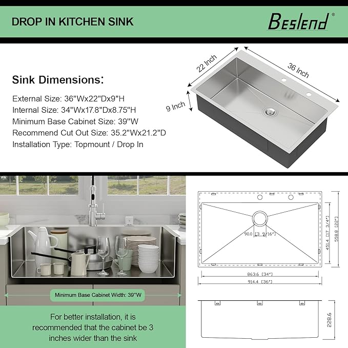 36 Drop In Kitchen Sink - Beslend 36x22 Inch Kitchen Sink Drop In Stainless Steel Sinks Topmount 16 Gauge 9" Deep Single Bowl Above Counter Sinks Dish Basin, Sink Only