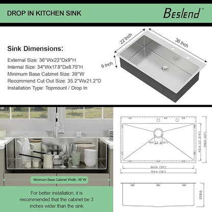 36 Drop In Kitchen Sink - Beslend 36x22 Inch Kitchen Sink Drop In Stainless Steel Sinks Topmount 16 Gauge 9" Deep Single Bowl Above Counter Sinks Dish Basin, Sink Only