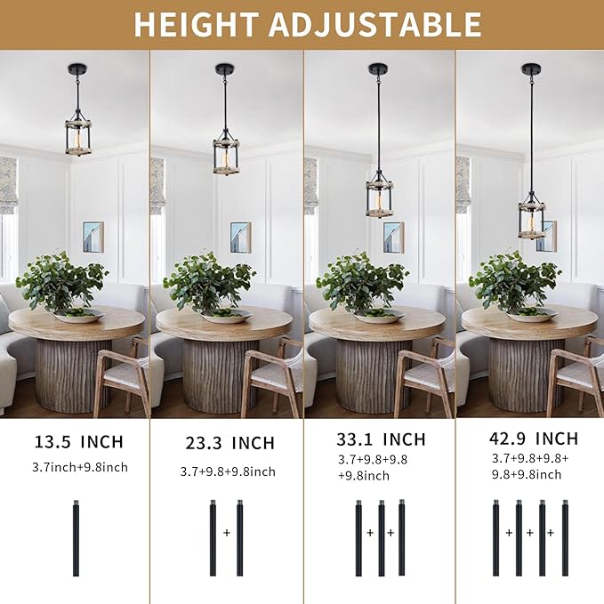 Farmhouse Pendant Light, Rustic White Wood Metal Cage Hanging Light Fixtures with Glass, 43 Inch Adjustable for Flat and Slop Ceiling, Pendant Lighting for Kitchen Island Foyer Hallway, 2 Pack
