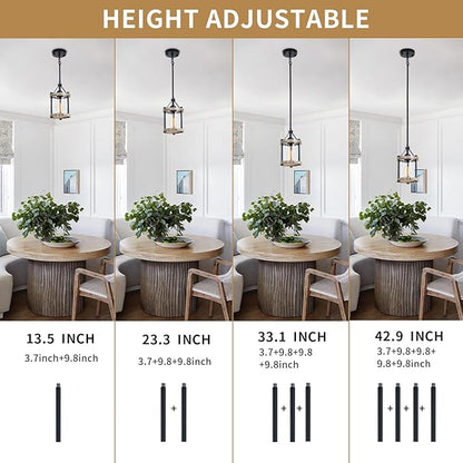 Farmhouse Pendant Light, Rustic White Wood Metal Cage Hanging Light Fixtures with Glass, 43 Inch Adjustable for Flat and Slop Ceiling, Pendant Lighting for Kitchen Island Foyer Hallway, 2 Pack