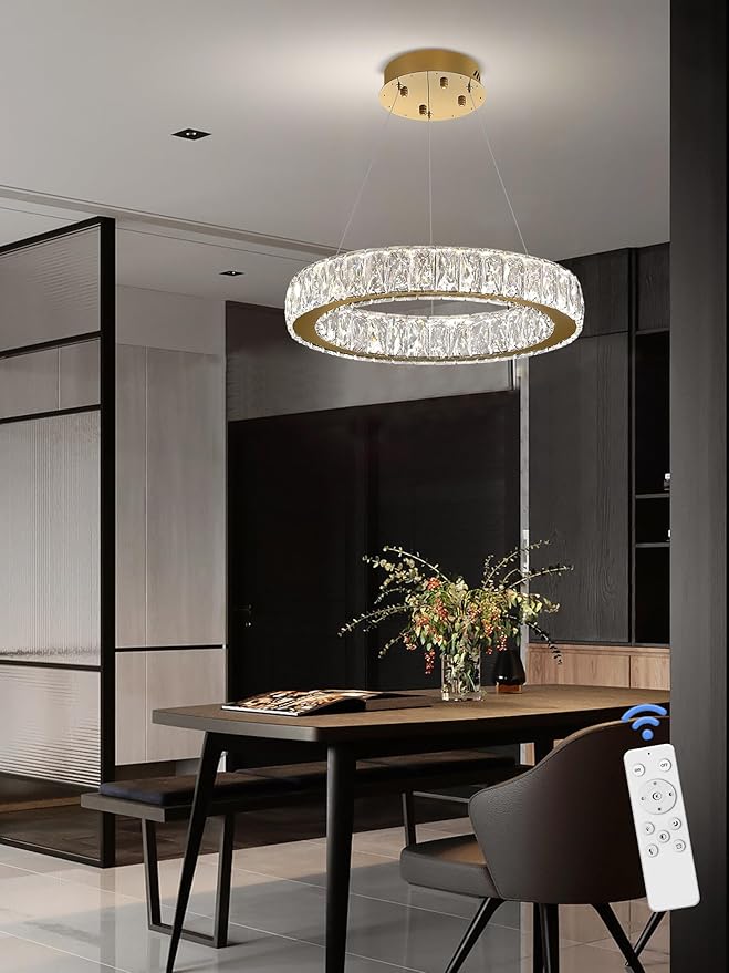 Modern LED Dimmable Crystal Chandelier 23.6" Ring Pendant Light Adjustable Gold Round Crystal Chandelier for Dining Room Living Room