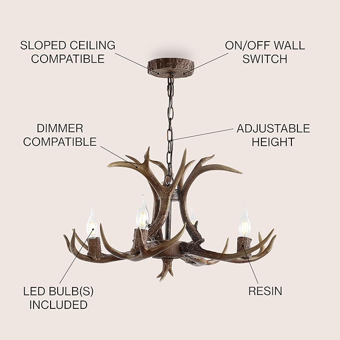JONATHAN Y 26" Brown Rustic Resin Antler 4-Light LED Chandelier, Farmhouse Faux Deer Horn Hanging Ceiling Light for Dining Room, Kitchen Island, Adjustable Light Fixture JYL6301A