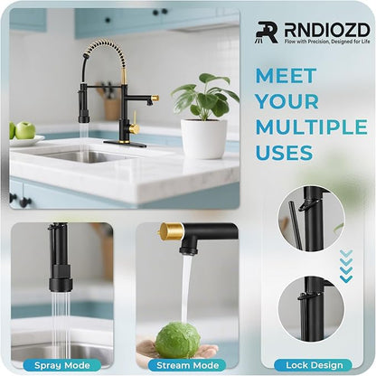 Kitchen Faucet with Pull Down Sprayer - Black & Brushed Gold Single Handle Commercial Kitchen Faucets, 2-Spout Kitchen Sink Faucet, Stainless Steel Spring Pull Out Sink Faucet 1/3 Hole