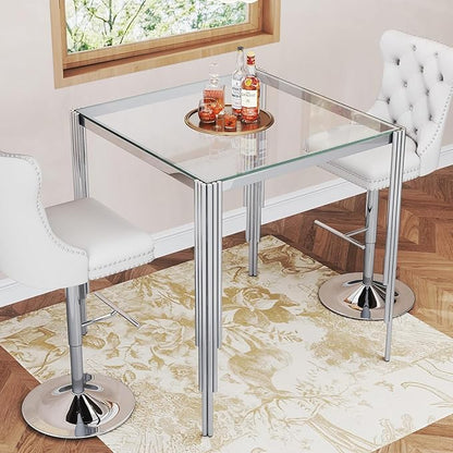 Glass Square Bar Table for 4, 37" Modern High Pub Table with Clear Tempered Glass Top and Polished Silver Stainless Steel Legs, Counter Height Table for Kitchens, Apartments, and Small Spaces