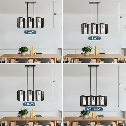 23.6" Island Lighting,3 Lights Dining Room Chandelier, Linear Kitchen Island Lighting for Pool Table Living Room, Foyer Hallway,E26, Black Wood Frame