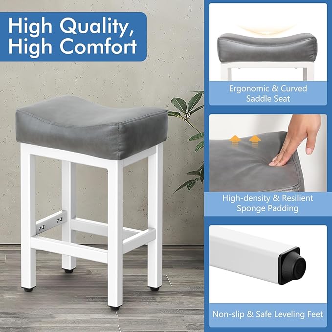 Raynesys Counter Height Bar Stools Set of 3, 24 Inch Barstools for Kitchen Island Counter, Bonded Leather Kitchen Stools with Thick Saddle Seats & Heavy Duty Metal Base, Easy Assembly, Gray/White