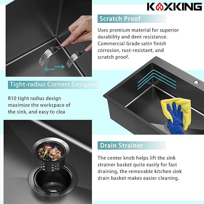 33x22x9 Inch Drop In Deep Single Bowl Kitchen Sink (Topmount), 16 Gauge SUS304 Stainless Steel Black Modern Handmade Sink
