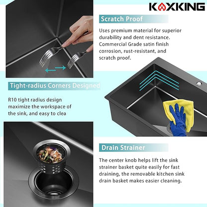 33x22x9 Inch Drop In Deep Single Bowl Kitchen Sink (Topmount), 16 Gauge SUS304 Stainless Steel Black Modern Handmade Sink