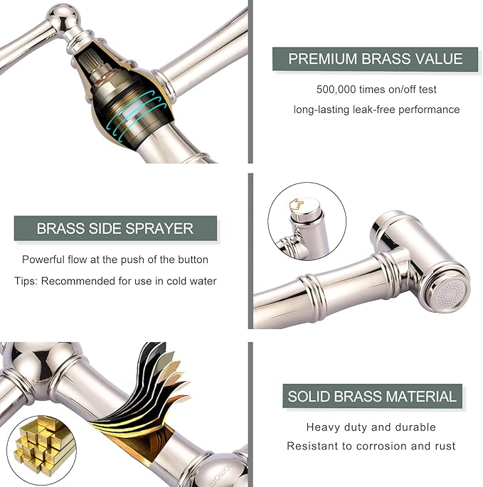 Bridge Kitchen Faucet with Side Sprayer, WOWOW Solid Brass Kitchen Faucet for Sink 4 Hole Polished Nickel Kitchen Sink Faucet, Two Handle 8 Inch Centerset Bridge Faucet
