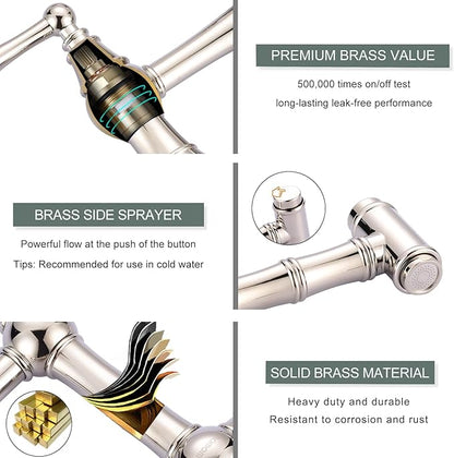 Bridge Kitchen Faucet with Side Sprayer, WOWOW Solid Brass Kitchen Faucet for Sink 4 Hole Polished Nickel Kitchen Sink Faucet, Two Handle 8 Inch Centerset Bridge Faucet