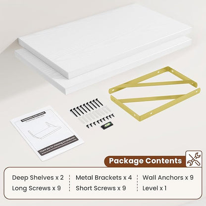 Deep Wall Shelves 24"W x 12"D Engineered Wood Floating Shelves for Wall, Sturdy Metal Bracket(Gold) Bookshelves Home Decor Storage for Living Room Bedroom Bathroom Kitchen, Set of 2, White Finish