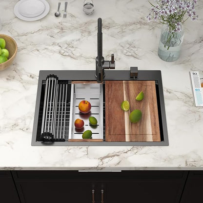30x22 Black Drop In Kitchen Sink Workstation 16 Gauge Stainless Steel Single Bowl Drop Kitchen Sinks Nano PVD Gunmetal Black Handmade Large Deep Topmount Sinks, 30x22x9 Inch