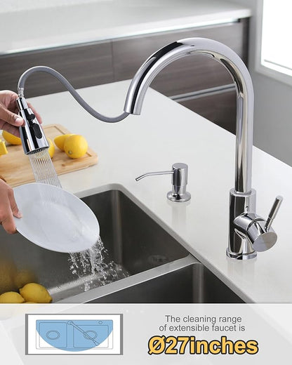 Chrome Kitchen Faucet with Soap Dispenser, WOWOW Stainless Steel Faucet for Kitchen Sink 2 or 4 Hole, High Arc Single Handle Pull Down Kitchen Faucet for Sink, RV, Laundry, Bar