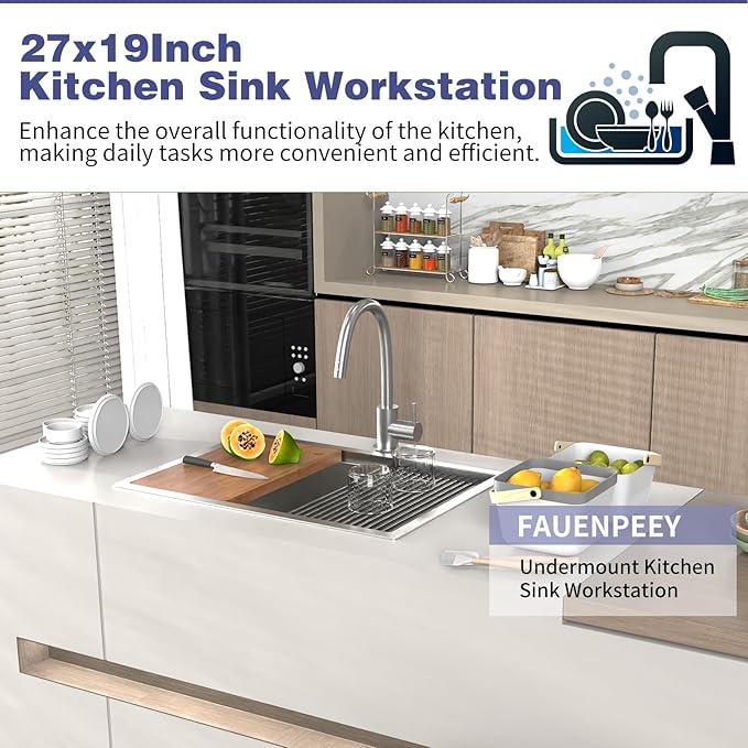 Kitchen Sink Workstation,27"x19" Stainless Steel Undermount Single Bowl Sink Built-in Ledge Drop In Workstation Sink Design For Placing/Sliding Accessories-Cutting Board And Drying Rack