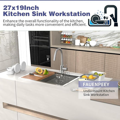 Kitchen Sink Workstation,27"x19" Stainless Steel Undermount Single Bowl Sink Built-in Ledge Drop In Workstation Sink Design For Placing/Sliding Accessories-Cutting Board And Drying Rack
