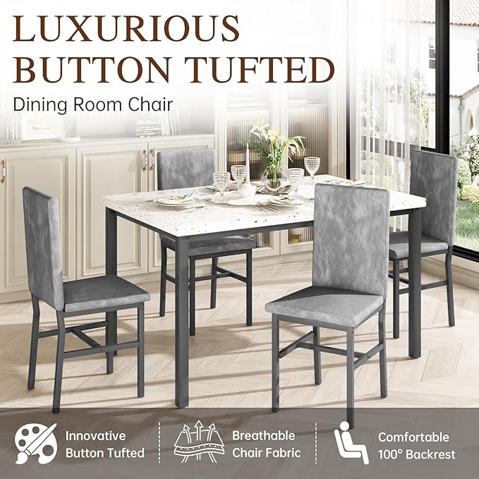 tantohom Dining Table Set for 4, 5-Piece Faux Marble Dining Set,4 Upholstered Velvet Chairs, Modern Kitchen Table Furniture for Dining Room, Dinette, Compact Space-Saving Faux Marble Tabletop, Grey
