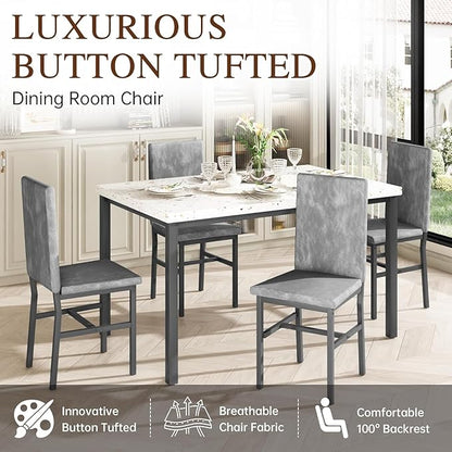 tantohom Dining Table Set for 4, 5-Piece Faux Marble Dining Set,4 Upholstered Velvet Chairs, Modern Kitchen Table Furniture for Dining Room, Dinette, Compact Space-Saving Faux Marble Tabletop, Grey