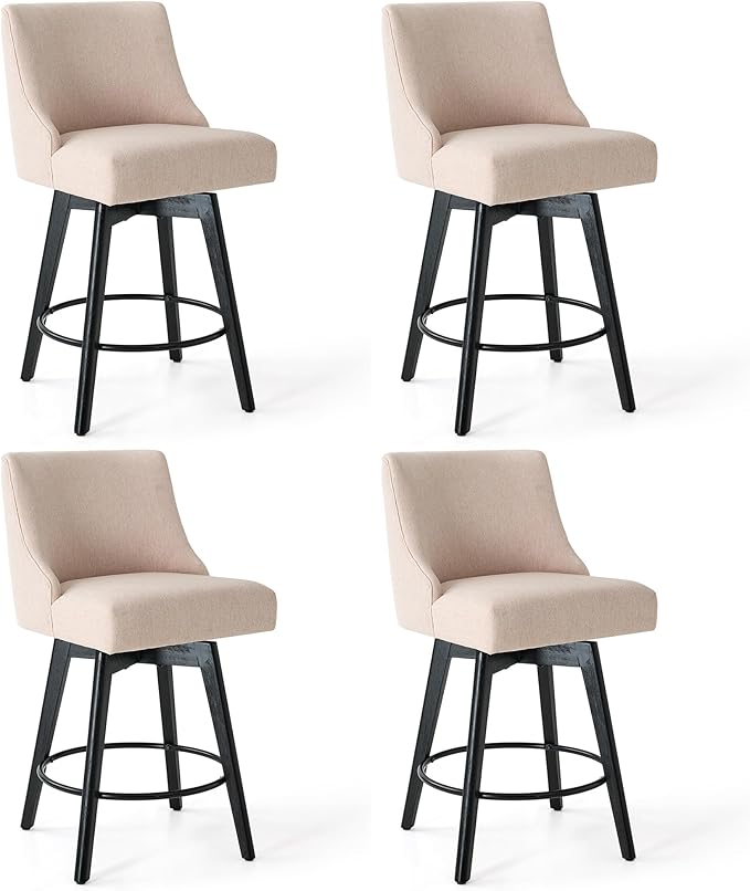 Counter Height Bar Stools Set of 4,Swivel Barstools with Backs and Wood Legs,Linen Fabric Upholstered Counter Stools for Kitchend Island,Mid-Century Modern 26"Seat Height Bar Chairs,Flax Beige