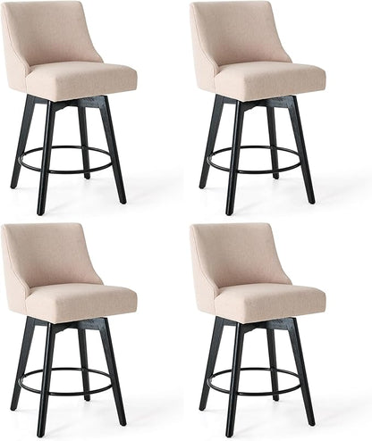 Counter Height Bar Stools Set of 4,Swivel Barstools with Backs and Wood Legs,Linen Fabric Upholstered Counter Stools for Kitchend Island,Mid-Century Modern 26"Seat Height Bar Chairs,Flax Beige