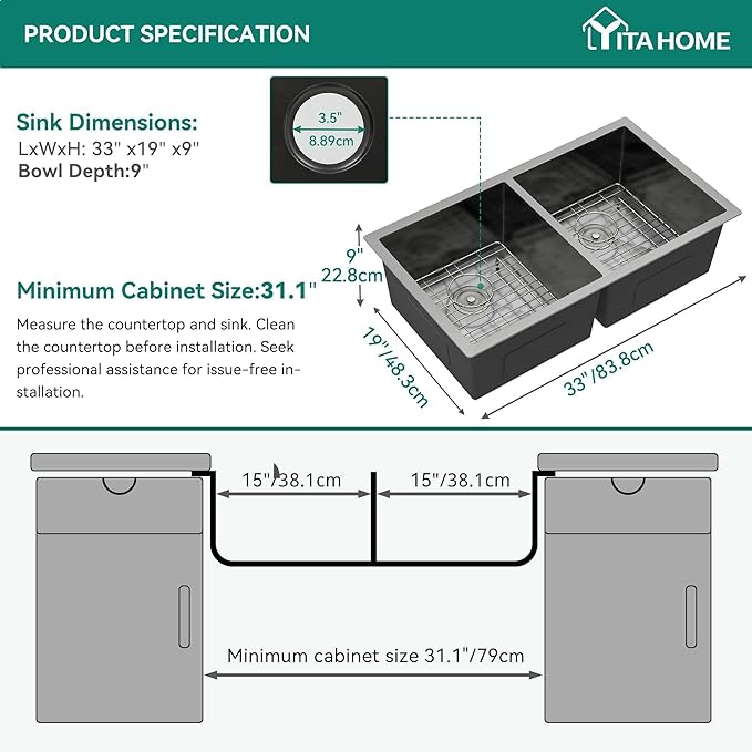 YITAHOME Black Kitchen Sink 33in Undermount 50/50 Double Bowl 16 Gauge Stainless Steel Nano Gunmetal Black Bar Sink with Accessories for Workstation, Prep Kitchen, 33 x 19 x 10in