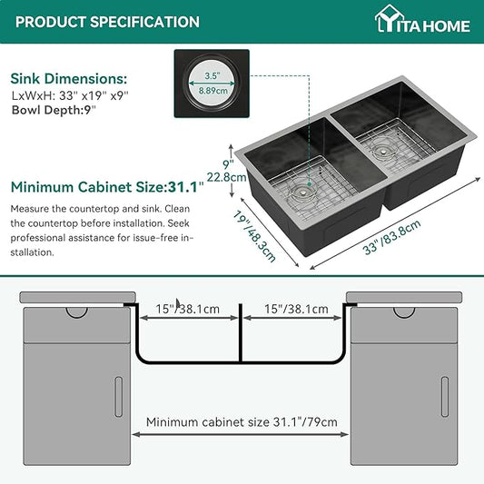 YITAHOME Black Kitchen Sink 33in Undermount 50/50 Double Bowl 16 Gauge Stainless Steel Nano Gunmetal Black Bar Sink with Accessories for Workstation, Prep Kitchen, 33 x 19 x 10in