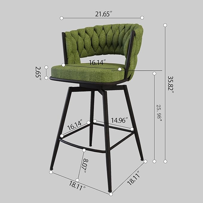 Modern Dining Chairs,Upholstered Linen Woven 360°Swivel Bar Island Chair & Black Footrest(Set of 2),Comfortable Curved Backrests Seat,Applicable to Kitchen,Living Room,Outdoor Lounge,Patio,Green