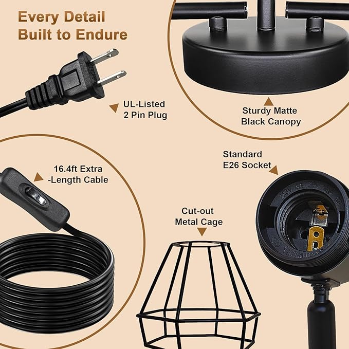 3-Light Plug-in Track Lighting with Rotatable Heads, Plug in Ceiling Light with 16.4ft Power Cord & Switch, LED Spotlight for Kitchen Cabinet Living Room Artwork, E26 Socket (Bulb Not Included)